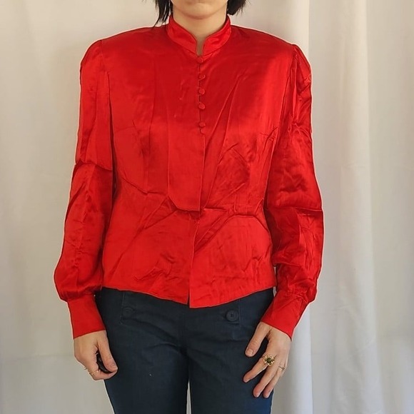Vintage Tops - 80s Does 40s‎ (or potentially 40s) Red Satin Blouse